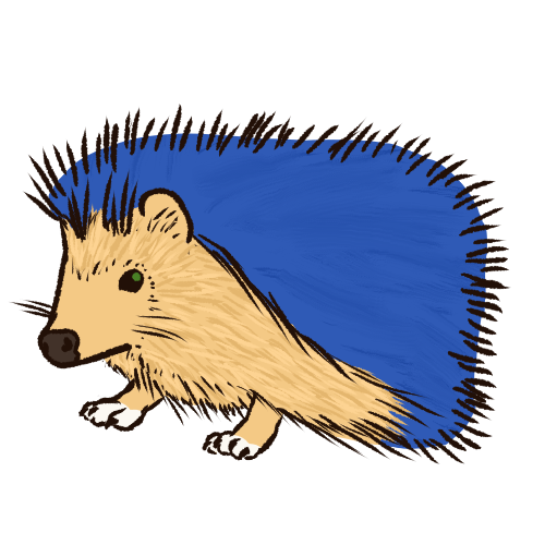 a drawing of a hedgehog with tan fur, a brown nose, white paws, and blue quills.